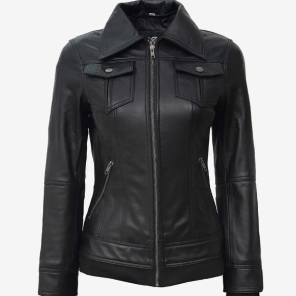 Black Bomber Leather Jacket with Removable Hood NEW Sz M - Picture 3 of 11